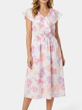 Vintage Floral Ruffle Midi Dress in Pastel Pink